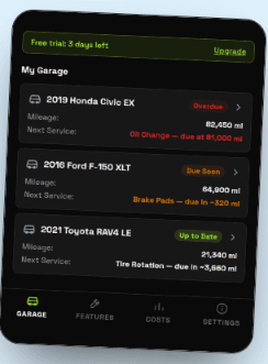 CarCareTaker's Garage tab, showing a list of tracked vehicles and what maintenance is due on each